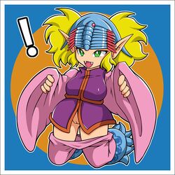 animal_request bikkuriman blonde_hair border breasts covered_nipples demon_girl erect_nipples fangs female green_eyes kneeling large_breasts megaroma_lambda no_nose noise_(artist) pants_pull pointy_ears pussy sleeves_past_wrists solo uncensored windowboxed