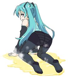 casual casual_wetting clothed clothing female fully_clothed hatsune_miku intentional_pants_wetting no_shoes panties pantyhose pee_puddle peeing peeing_self solo tied_hair twintails urine vocaloid wetting young