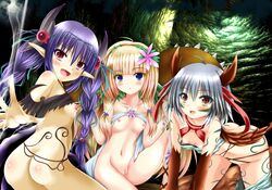 3girls :d :o aatora_the_fascinating_fiend ahoge all_fours ankle_lace-up ass back bangs bare_shoulders blonde_hair blue_eyes blunt_bangs blush body_blush bottomless bracelet braid breasts brown_eyes collarbone cute_fang dimples_of_venus duel_angel duel_monster fascinating_fiend female flower hair_between_eyes hair_bobbles hair_flower hair_ornament hairband hands highres indoors jewelry kazuura_the_fascinating_fiend legs long_hair looking_at_viewer looking_back mound_of_venus multiple_girls navel nipple_slip nipples nude open_hand open_mouth outstretched_arm pointy_ears puffy_nipples purple_hair pussy red_eyes shirt_lift short_hair silver_hair sitting small_breasts thighs trion_the_fascinating_fiend twin_braids uncensored yu-gi-oh! yuu-gi-ou_duel_monsters