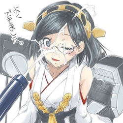 bare_shoulders black_hair blue_eyes blush breasts bukkake cannon cum facial glasses japanese_clothes kantai_collection kirishima_(kantai_collection) long_hair mikagami_sou one_eye_closed open_mouth semi-rimless_glasses sexually_suggestive suggestive_fluid translated under-rim_glasses wink