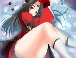 black_hair blush bottomless fan female ginsen hat headband hyakka_ryouran_samurai_girls legs long_hair looking_at_viewer open_mouth pussy red_eyes sanada_yukimura_(hyakka_ryouran) socks solo uncensored white_legwear