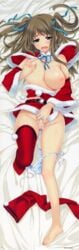 absurdres barefoot blush breast_grab breasts christmas dakimakura feet female fixed highres iizuki_tasuku large_breasts long_image nipples no_bra panties panty_pull shimapan single_thighhigh solo string_panties striped striped_panties tall_image thighhighs toes underwear