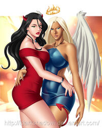 2girls alei alei_(angel) angel angel_wings black_hair blonde_hair blue_eyes breasts demon demon_horns demon_tail devil devil_tail dress earrings female green_eyes halo horns large_breasts long_hair looking_at_viewer multiple_girls nail_polish necklace nimbus original pin-ups tail tera tera_(succubi) thedarkness wings