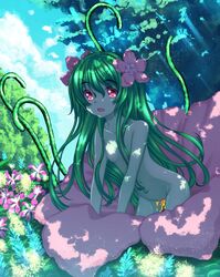 :d alraune blue_skin cloud collarbone female flower green_eyes green_hair hair hair_flower hair_ornament highres kiyomin long_hair looking_at_viewer monster monster_girl monster_girl_encyclopedia nectar nude open_mouth original pink_eyes sky smile solo sunlight vines