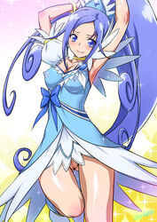 armpits arms_up artist_name blue_eyes blue_hair bottomless bow breasts choker clothing covered_nipples cure_diamond dokidoki!_precure dress erect_nipples erect_nipples_under_clothes eyelashes female hishikawa_rikka joy_ride leg_lift long_hair looking_at_viewer magical_girl no_panties open_mouth ponytail precure pretty_cure pussy small_breasts smile solo sparkle tiara tied_hair uncensored very_long_hair