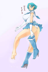 1girls after_footjob after_sex alternate_breast_size ami_mizuno ass bare_legs barefoot bishoujo_senshi_sailor_moon blue_eyes blue_hair blush boots bow choker circlet clothing cum cum_on_body cum_on_lower_body cumdrip ear_studs earrings elbow_gloves erect_nipples erect_nipples_under_clothes feet female female_only gloves heart high_heel_boots highres huge_breasts japanese_text jewelry knee_boots large_breasts magical_girl miniskirt panties pleated_skirt sailor_collar sailor_mercury sailor_outfit shoes short_hair simple_background skirt smell soles solo spoken_heart standing standing_on_one_leg sweat text thighs toes translated underwear warumono_tomii white_background white_panties