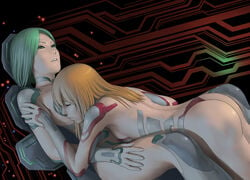 2girls android arm arm_grab arms ass back bare_back bare_legs between_legs breast_press breasts closed_eyes dutch_angle female girl_on_top green_eyes green_hair head_on_chest hug legs light_brown_hair lips multiple_girls mutual_yuri nude original parted_lips rena_(watanabe_yasuaki) sena_(watanabe_yasuaki) short_hair sitting teeth watanabe_yasuaki yuri