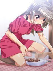 1futa blush brown_hair censored clothes food futanari futanari_shoujo_no_shasei_nikki hair highres intersex kuga_hajime long_hair masturbation red_eyes smile solo sweat takano_shiori world_lover