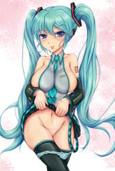 :p aqua_eyes between_breasts blue_eyes blush breasts crossed_legs detached_sleeves female hatsune_miku headphones highres kishimen large_breasts legs_crossed long_hair looking_at_viewer mound_of_venus navel necktie necktie_between_breasts panties panty_pull pussy skirt skirt_lift solo standing striped striped_panties thighhighs tied_hair tongue tongue_out twintails uncensored underwear very_long_hair vocaloid