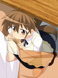 apron black_skirt blush bow breasts brown_eyes brown_hair circle_skirt clothed_female clothed_sex clothing dominant_female fellatio fellatio_in_skirt female huge_breasts human long_hair makarou male oral penis ponytail pubic_hair sex_in_skirt skirt smile stealth_fellatio straight submissive_male taneshima_popura tied_hair under_the_table waitress working!!