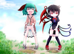 2girls animal_ears asymmetrical_wings black_hair black_legwear closed_eyes cloud dress dress_lift female green_hair kyouko_kasodani long_sleeves moyasi4 multiple_girls nue_houjuu open_mouth outdoors panties panties_around_leg peeing pony_(moyasi) puddle pussy red_eyes shoes short_hair sky smile standing touhou uncensored underwear wings