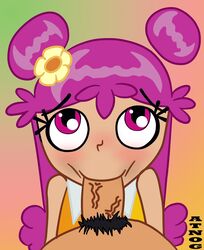 1boy ami_onuki atnog cartoon_network clothed_female_nude_male double_bun fellatio female hair_flower hair_ornament hi_hi_puffy_amiyumi long_hair looking_at_viewer looking_up oral partial_male penis pink_eyes pink_hair pov pov_crotch two_tone_background