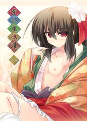 ai_takurou black_hair breasts brown_hair cum female haori hieda_no_akyuu japanese_clothes kimono nipples off_shoulder panties panties_around_leg panties_around_one_leg red_eyes smile solo touhou underwear