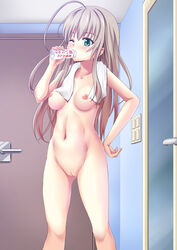 abs ahoge aqua_eyes blush breasts breasts_apart casual collarbone completely_naked_female door drinking female green_eyes haiyore!_nyaruko-san hand_on_hip huge_ahoge indoors legs long_hair milk mound_of_venus navel nipples nude nyaruko one_eye_closed orange_(meitoku) pale_skin pussy silver_hair solo standing towel uncensored wink