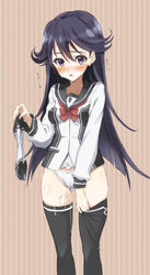 black_hair blush bow bow_panties cum female fujita_hidetoshi kuroki_rei long_hair no_pants panties purple_eyes pussy_juice school_uniform shorts_removed solo sweat thighhighs underwear vividred_operation white_panties