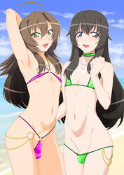 2boys ahe_gao ahoge androgynous armpits artist_cg balls_in_panties beach bikini black_hair blue_eyes blush brown_hair bulge censored crossdressing erect_nipples femboy girly green_eyes happy highres hotaru-kun_no_josou_blog_wa_satsuei_chuu houkago_josou_tsundere_bitch jewelry long_hair male male_only micro_bikini mosaic_censoring multiple_boys penis_in_panties smile studio_sunadokei swimsuit trap