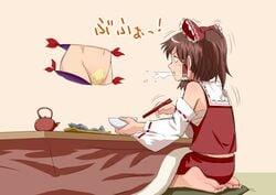 barefoot bow bowl brown_hair chopsticks detached_sleeves feet female fish gap hair_tubes hairbow iromeki_overdrive kettle kotatsu navel ponytail pubic_hair reimu_hakurei sarashi seiza short_hair sitting skirt soles spit_take spitting surprised sweat table teapot tied_hair toes touhou yukari_yakumo