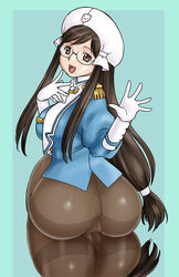 anus ass brown_eyes brown_hair censored clothing cosplay dat_ass eyewear from_behind genshiken glasses gloves gusset hat long_hair looking_back low-tied_long_hair mole mole_under_mouth mosaic_censoring no_panties no_pants oono_kanako pantyhose payot ponytail pussy reflection solo thighband_pantyhose tied_hair uniform uraharukon