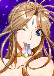 antenna_hair bare_shoulders belldandy blonde_hair blue_eyes close-up condom cum cum_in_mouth earrings facial_mark female highres jewelry joy_division long_hair looking_at_viewer oh_my_goddess! one_eye_closed smile solo used_condom wink