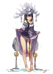 1girls bangs bare_legs bare_shoulders barefoot black_eyes black_hair blush collarbone crown dress dress_lift feet female female_only full_body hair_between_eyes head_tilt headdress hips hjl legs lips long_hair long_image long_sleeves looking_at_viewer no_panties original pussy rain shy simple_background solo standing strapless strapless_dress tall_image uncensored very_long_hair wet white_background