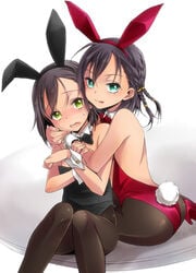 2boys androgynous animal_ears arched_back arm arm_grab arms back balls_in_bunnysuit bare_shoulders black_hair blush bowtie braid bunny_boy bunny_costume bunny_ears bunny_tail bunnysuit character_request crossdressing detached_collar embarrassed fake_animal_ears femboy flat_chest gay girly green_eyes hair high_heels hug hug_from_behind kaku-san-sei_million_arthur kakusansei_million_others leotard licking_lips looking_at_viewer male male_only multiple_boys mytyl naughty_face open_mouth pantyhose penis_in_bunnysuit shoes short_hair shy sitting sweat sweatdrop tail tongue tongue_out trap trap_on_trap wrist_cuffs yaoi yellow_eyes