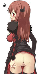 :o amaa_(chou_dennou_jidai) archenemy_and_hero ass black_legwear blush breasts censored demon_girl dress fake_horns from_behind fur_trim highres horns large_breasts long_hair looking_back maou no_panties pussy red_eyes red_hair solo sweat tears thighhighs