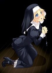 blonde_hair blue_eyes blush clothed_masturbation clothing cross discreet_vibrator f-ism female female_focus female_only habit high_heels highres human human_female human_only impossible_clothes kneeling leaning_forward masturbation murakami_suigun nun open_mouth praying rosary shadow shoes short_hair solo tears vibrator vibrator_under_clothes