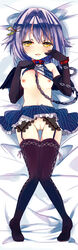 1girls :d black_legwear blush bondage breasts brown_eyes chains collar dakimakura elbow_gloves female gloves grey_hair hair_ornament hairclip highres idolmaster idolmaster_cinderella_girls koshimizu_sachiko leash long_image looking_at_viewer lying navel nipples on_back open_mouth purple_hair pussy shimakoma shirt_lift short_hair smile solo tall_image thighhighs uncensored