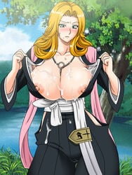 1girls areolae beauty_mark bleach blonde_hair blush breasts breasts_out chains cum cum_on_body cum_on_breasts cum_on_clothes cum_on_upper_body female female_only gaden hakama highres large_breasts long_hair matsumoto_rangiku mole nipples open_clothes solo