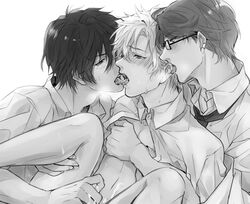 3boys akari akari_(karneval) cum gareki gareki_(karneval) gay glasses group_sex handjob hirato jiki karneval male monochrome multiple_boys open_clothes open_shirt shirt threesome tongue yaoi