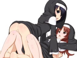 2girls ass black_eyes black_hair blush bottomless brown_eyes brown_hair chestnut_mouth clothing cosplay cross cross_necklace female flat_chest habit highres jewelry leg_between_thighs long_hair minami-ke minami_touma multiple_girls necklace no_panties nun open_mouth pussy red_hair short_hair sweatdrop takeda_yukimura uchida_yuka yuri