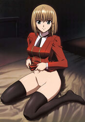 1girls agent_aika aika_r-16 aika_sumeragi bed black_legwear bottomless braid breasts brown_hair female green_eyes human indoors innie_pussy kneeling light-skinned_female light_skin looking_at_viewer megami nude_filter photoshop presenting pussy scan shirt_lift short_hair side_braid single_braid sitting smile solo thighhighs uncensored uniform wariza wide_hips yamauchi_noriyasu