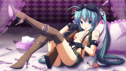 aqua_eyes aqua_hair arm_strap bed blue_hair boots bra bra_on_head checkered checkered_background condom cum cum_on_breasts cum_on_upper_body dog_tags egg_vibrator facial female gloves gun hatsune_miku high_heel_boots high_heels highres jewelry leg_lift long_hair lube necklace object_on_head pillow rifle shoes shorts sitting solo stiletto_heels suspenders tattoo thigh_boots thighhighs tied_hair tissue_box tongue twintails underwear very_long_hair vibrator vocaloid weapon yuzuki_kei