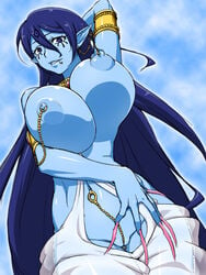 1girls 3_eyes armlet arms_up between_labia blue_eyes blue_hair blue_skin breasts chains clitoris_piercing female female_only fingernails genie highres huge_breasts innie_pussy jewelry kurojiya linked_clitoris linked_piercing lip_piercing long_fingernails long_hair looking_at_viewer looking_down lots_of_jewelry magi:_the_labyrinth_of_magic multi_eye nail_polish nipple_piercing nipples nipples_to_armlet paimon paimon_(magi) piercing pointy_ears pussy smile solo uncensored very_long_hair