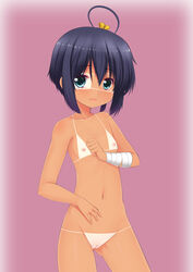 bandage bandages black_hair blue_eyes blush chuunibyou_demo_koi_ga_shitai! eye_patch eyepatch_removed langlong looking_at_viewer mound_of_venus navel nipples no_eyepatch nude pussy side_ponytail smile solo takanashi_rikka tan tanline uncensored