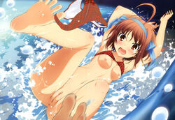 absurdres accidental_exposure barefoot between_toes blush bottomless breasts brown_hair color embarrassed embarrassed_nude_female enf feet female female_only functionally_nude highres naked nipples nude nude_filter papa_no_iu_koto_wo_kikinasai! papa_no_iukoto_wo_kikinasai! photoshop pussy short_hair slide soles solo takanashi_sora toes uncensored wardrobe_malfunction water water_slide