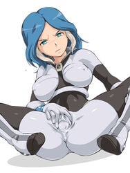 anus ass bellatrix_(inazuma_eleven) blue_hair blush bodysuit boots breasts clitoris feet female green_eyes inazuma_eleven isabelle_trick large_breasts legs looking_at_viewer merry_program multicolored_hair pussy short_hair simple_background sitting skin_tight solo spread_legs spread_pussy spread_pussy_under_clothes thighs urubida white_background