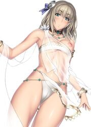 1girls absurdres armpits bare_shoulders blonde_hair blush bracelet breasts breasts_out cameltoe cosplay elysium elysium_(cosplay) female freckles green_eyes grey_hair highres jewelry kansuke looking_at_viewer lots_of_jewelry necklace nipples pyrrha_alexandra revealing_clothes see-through solo soul_calibur soul_calibur_v standing white_background