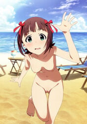 akai_toshifumi amami_haruka arm_up barefoot beach blush breasts brown_hair chair cloud drink feet female green_eyes hair_ribbon highres idolmaster legs lounge_chair navel nipples nude nude_filter ocean open_mouth photoshop pussy ribbon sand short_hair sky solo table toes uncensored water