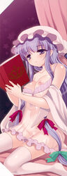 bare_shoulders book bow breasts female hairbow hanao_(kuma-tan_flash!) hat highres lingerie long_hair negligee nipples patchouli_knowledge payot purple_eyes purple_hair purple_legwear pussy reading scan see-through sitting solo thighhighs touhou uncensored underwear underwear_only very_long_hair