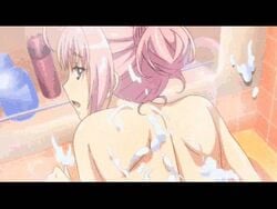 1boy animated bathroom bathtub blonde_hair bounce bouncing_breasts breasts censored cum cum_on_back cum_on_body cum_on_upper_body ejaculation female lowres pink_hair qvga sex tropical_kiss tub vaginal_penetration