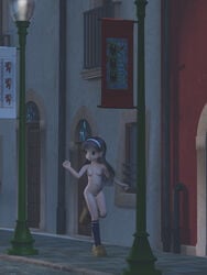 1girls 3d absurdres areolae black_hair breasts door erect_nipples female female_only headband highres koyomisa lamppost long_hair looking_back navel night nipples nude original outdoors public public_nudity pussy running shoes sidewalk small_breasts smile socks solo streaking streetlight uncensored zenra