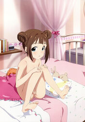 absurdres aqua_eyes barefoot bed blush brown_hair double_bun feet female green_eyes highres idolmaster legs looking_at_viewer nude nude_filter open_mouth photoshop pussy short_hair soles solo stuffed_animal stuffed_toy takatsuki_kasumi toes uncensored