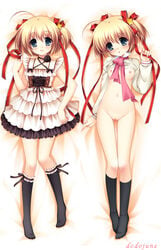 1girls blonde_hair blush bow breasts dakimakura dodojune dress female flower frills hair_ornament hair_ribbon kamikita_komari little_busters! long_hair long_sleeves lying multiple_views navel nipples on_back pussy ribbon shirt_lift smile socks solo star uncensored