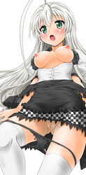 ahoge blush female haiyore!_nyaruko-san highres long_image nyarlathotep_(nyaruko-san) open_clothes open_mouth open_shirt panties panties_around_leg pussy solo sweat tall_image thighhighs uncensored white_hair yoshitani-g yoshitani_motoka