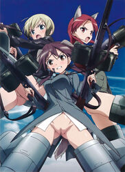 3girls animal_ears blonde_hair blush breasts brown_eyes brown_hair cleavage clothing cloud crease dual_wielding erica_hartmann gertrud_barkhorn gun highres long_hair machine_gun medium_breasts minna-dietlinde_wilcke multiple_girls no_panties nude_filter nyantype photoshop pussy red_eyes red_hair scan short_hair sky strike_witches tail uncensored very_long_hair weapon