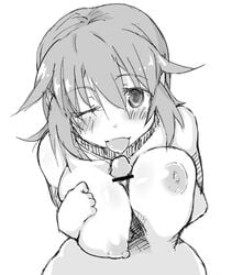 blush breasts censored charlotte_e_yeager female kuronyan large_breasts long_hair looking_at_viewer male monochrome nipples nude one_eye_closed open_mouth paizuri penis shiny shiny_hair straight strike_witches titfuck wink