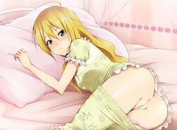 anus blonde_hair blush clothing green_eyes hoshii_miki idolmaster kaiga long_hair lying no_panties on_side open_mouth pajamas pajamas_pull panties pillow pussy solo uncensored underwear