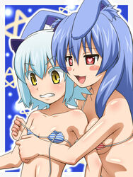 2girls :3 animal_ears arm arm_between_breasts arms awa bare_shoulders between_breasts bikini blue_hair blush blush_stickers breast_press breasts bunny_ears cat_ears clenched_teeth collarbone cute_fang embarrassed female flat_chest from_behind hair_ornament half-closed_eyes heart heart-shaped_pupils kurousagi_(mondaiji) long_hair mondaiji_tachi_ga_isekai_kara_kuru_sou_desu_yo? multiple_girls open_mouth problem_children_are_coming_from_another_world red_eyes role_reversal shiroyasha_(mondaiji) shiroyasha_(mondaiji-tachi_ga_isekai_kara_kuru_sou_desu_yo?) short_hair shy surprised swimsuit symbol-shaped_pupils teeth undressing untying yellow_eyes yuri