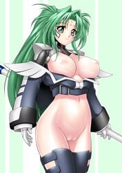 1girls bottomless breasts casual_exposure facial_mark female forehead_mark gloves green_eyes green_hair large_breasts lindy_harlaown long_hair lyrical_nanoha mahou_shoujo_lyrical_nanoha navel nipples open_clothes ponytail pussy sakura_ryuuken smile solo thighhighs tied_hair uncensored